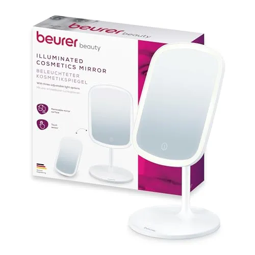 Beurer BS 47 Kosmetikspiegel - Tischspiegel mit 3 Lichtfarben und Dimmfunktion, 360° drehbar, wiederaufladbar und mit praktischer Ablagefläche für Make-Up oder Schmuck.