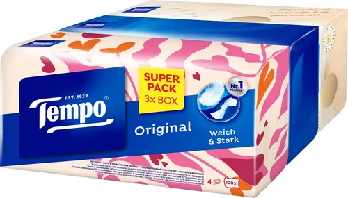 Tempo Taschentücher Original Trio Box, 4-lagig, 3x 100 Tücher - Waschmaschinenfeste und recycelbare Taschentücher in praktischer Trio Box. Mit Quick & Easy Öffnung für schnellen Zugriff. Extra starke und weiche Tücher, ideal für die tägliche Nutzung.