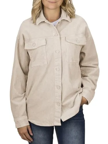 DENIMFY Hemd Damen Oversized Langarm DFSophia Cordhemd Hemdjacke Hemdbluse Freizeithemd Taschen Knöpfe Einfarbig Beige M, Größe:M, Farben:Light Sand
