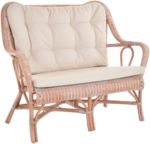 Rattan Zweisitzer Bank Harrison - Vintage Weiss für Küche und Wintergarten - Elegantes Rattan Sofa für 2 Personen, bereits montiert und mit komfortablen Kissen ausgestattet. Ideal für gemütliche Stunden in Küche oder Wintergarten.