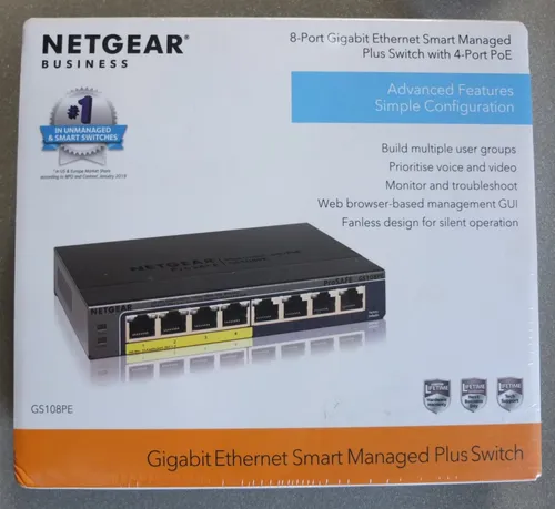 Netgear GS108PE-300EUS Switch - 8 Anschlüsse managed - Netzwerk-Switch mit 8 Gigabit-Ports, teilweise verwaltet, ideal für kleine bis mittlere Netzwerke, unterstützt PoE für flexible Stromversorgung.