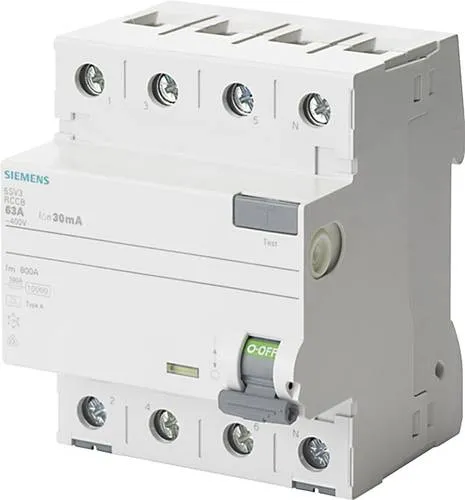 SIEMENS 5SV33446 FI-Schutzschalter 3P+N TypA 30mA 40A 400V - Leitungsschutzschalter für umfassenden Schutz vor elektrischem Schlag; VDE geprüft und einfach zu installieren durch werkzeugloses Lösen und komfortable Schieber-Betätigung.