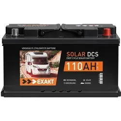 EXAKT 110Ah 12V Solarbatterie für Wohnmobil und Boot - Batterie für Solar- und Versorgungsanwendungen mit 110Ah Kapazität, ideal für Wohnmobile und Boote. Maximale Ladespannung von 14,8V für zuverlässige Energieversorgung.