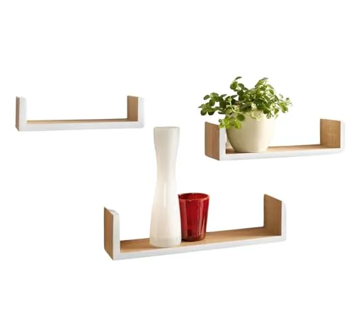 Dekoleidenschaft 3X Wandregal aus Holz, Natur furniert/weiß, Regalset, Bücherregal, Dekoregal, Wandboard in U-Form, Regalboard, Holzregal für Wohnzimmer, Küche, Schlafzimmer, Hängeregal