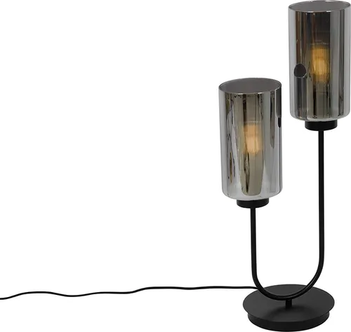 Qazqa Art Deco Tischlampe schwarz mit Rauchglas – 2-flammig für stilvolle Räume - Tischlampen für Wohnzimmer und Schlafzimmer, dimmbar mit E27 Fassung, ideal für stimmungsvolle Beleuchtung in jedem Raum.