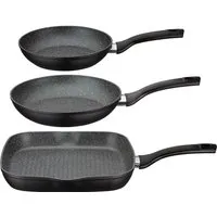GSW Pfannen-Set Gourmet Granit – 3-teiliges Set für alle Herdarten - Pfannen-Kategorie mit 2 Bratpfannen und 1 Grillpfanne, ideal für energiesparendes Kochen dank optimaler Wärmeverteilung und langlebiger Antihaftbeschichtung.