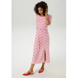 Bezauberndes Sommerkleid mit Blüten - NEUE KOLLEKTION, Gr. 42 - Sommerkleid in pink-wollweiß-rot, figurumspielend mit Rundhals-Ausschnitt und raffiniertem Schlitz. Perfekt für warme Tage und vielseitig kombinierbar.
