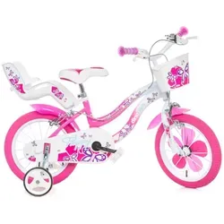 Dino Bikes Happy Kinderfahrrad 146R - Rosa 14 Zoll für Mädchen - Kinderfahrrad für Radanfänger, stabil mit abnehmbaren Seitenrädern und geschlossenem Kettenkasten. Ideal für Kinder von 3-5 Jahren, inklusive Puppensitz und Korb für Spielzeug.