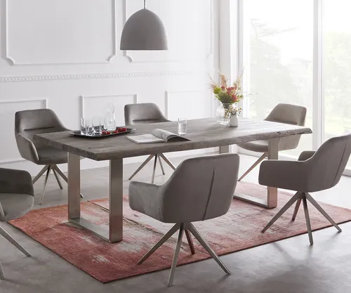 DELIFE Esstisch Edge 200x100 XL Akazie Platin Edelstahl Schmal Live-Edge