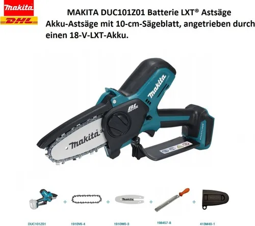 Makita DUC101Z01 Cordless Chainsaw 18V - Sägen: Makita DUC101Z01 mit 10 cm Schneidbalken, ideal zum Beschneiden von Bäumen und Sträuchern. Ausgestattet mit Sicherheitsfunktionen wie Ketten- und Hand-Schutz.