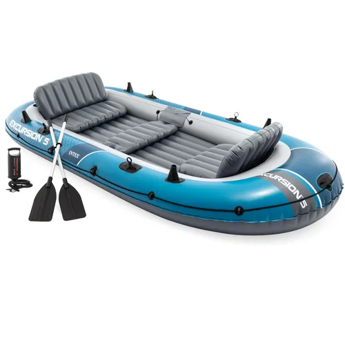 Intex Excursion 5 Boots-Set 66325NP – 5-Personen Ruderboot - Großzügiges Ruderboot für bis zu 5 Personen, ideal für Ausflüge. Mit Aluminiumrudern und Handpumpe für einfachen Transport und Aufbau.