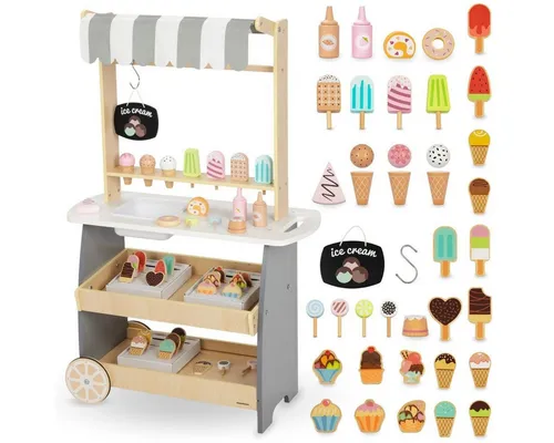 Holz-Eiswagen für Kinder – Spielspaß auf Rädern - Sonstige Holzspielzeuge – Hochwertiger Holz-Eiswagen mit Zubehör, fördert Kreativität und soziale Fähigkeiten bei Kindern ab 3 Jahren.