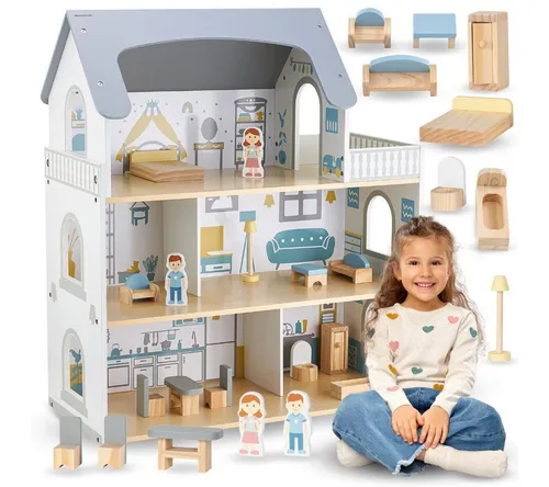 Mamabrum Puppenhaus - Großes Puppenhaus aus Holz mit Zubehör und Spielfiguren - Puppenhäuser für kreative Rollenspiele, aus hochwertigem Holz, ideal für Kinder ab 3 Jahren, fördert die Fantasie und soziale Fähigkeiten.