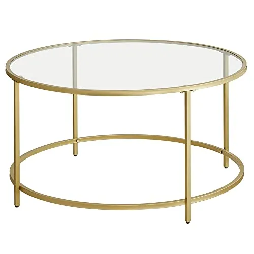 VASAGLE Runder Couchtisch mit Stahlgestell - Beistelltisch fürs Wohnzimmer mit stilvollem goldenen Design und stabiler gehärteter Glasplatte, ideal für eine elegante Wohnraumgestaltung.