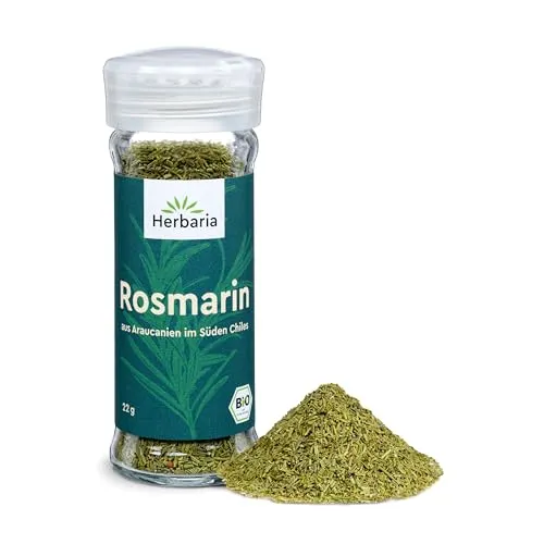 Herbaria Rosmarin BIO | Getrocknet | Kräftig-aromatisches Gewürz für mediterrane Küche, Soßen, Pasta, Gemüse, Fleisch & Fisch | Premium Bio-Gewürz im 22g Gewürzstreuer