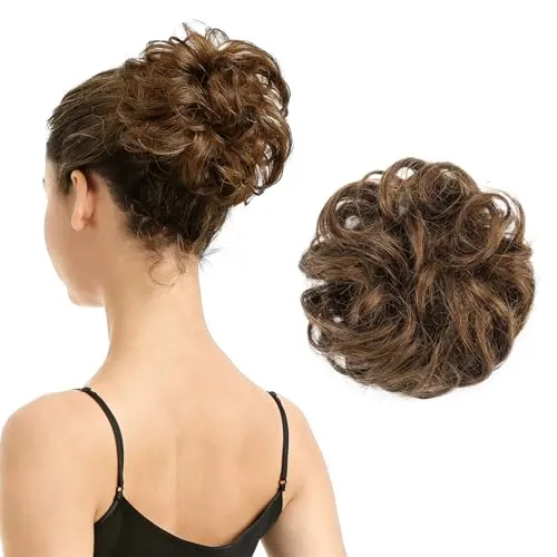 BARSDAR 100% Echthaar Haarteil Haargummi，Gelockt Unordentlich Dutt Extensions Echthaar Haarteil Haargummi Hochsteckfrisuren Unordentlicher Haarverlängerung für Damen Mädchen Mittleres Kastanienbraun