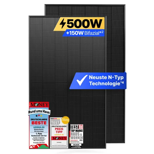 Solakon 500W Solarmodul N-Type bifazial - Leistungsstarkes 500W bifaziales Solarpanel für Balkonkraftwerke. Maximieren Sie Ihre Energieproduktion mit N-Type Technologie und effizienter Lichtnutzung, auch bei diffusem Licht.