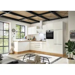 Respekta Küchenzeile Marleen Premium 340 cm in Weiß und Artisan Eiche - Einbauküche in L-Form mit hochglänzenden Fronten, inklusive Backofen, Dunstabzugshaube und Geschirrspüler. Platzsparend und modern, ideal für kleine Küchen.