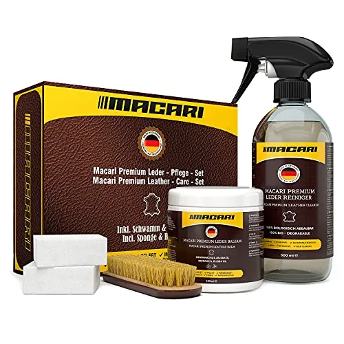 Macari Premium Lederpflege Set 500ml - Polsterreiniger Set für Leder, inklusive Reiniger, Balsam, Bürste und Schwämme – schützt und pflegt Lederoberflächen nachhaltig und schonend.