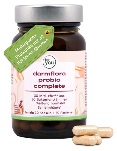 for you darmflora probio complete 30 Kapseln - Multispezies Probiotika für eine gesunde Verdauung - Probiotika Bifidobakterien mit 30 Bakterienstämmen und 30 Mrd. lebenden Bakterien, magensaftresistent und unterstützt die Darmflora für dein Wohlbefinden.