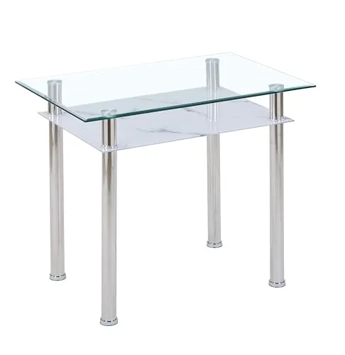Moderner Esstisch mit Glasplatte 90x60 cm – Platzsparend & Pflegeleicht - Esstisch mit eleganter Glasplatte und stabilen Edelstahlbeinen, ideal für 2–4 Personen. Praktische Ablagefläche für zusätzlichen Stauraum – perfekt für kleine Räume.
