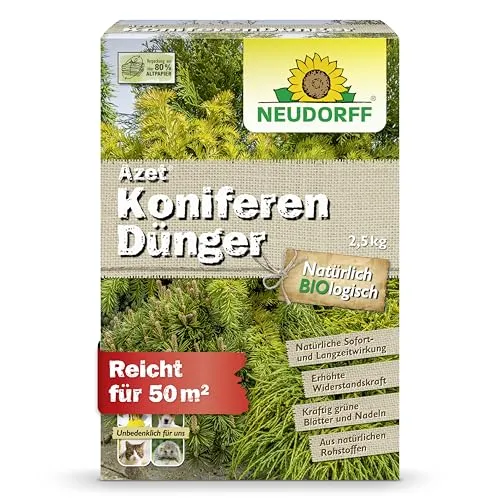 Neudorff Azet KoniferenDünger 2,5 kg – Bio-Dünger für kräftig-grüne Koniferen - Spezialdünger für Koniferen mit Sofort- und Langzeitwirkung. Fördert kräftige Blätter und Nadeln, ideal für den Einsatz im Freiland und in Kübeln. Enthält Mykorrhiza zur Unterstützung des Wurzelwachstums.