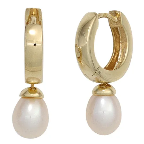 Creolen Ohrringe mit Süßwasser Perlen in 333 Gold - Elegante Klapp Creolen aus 333er Gelbgold, mit strahlenden weißen Süßwasser-Zuchtperlen. Perfekt für Damen, die zeitlosen Ohrschmuck suchen.