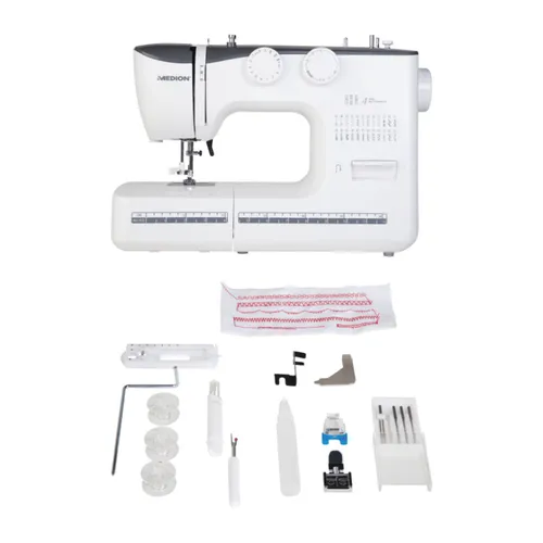 MEDION MD 18357 Freiarm-Nähmaschine - Vielseitige Nähmaschine in Weiß - Nähmaschinen mit 60 verschiedenen Stichmustern, Einfädelautomatik und integriertem Zubehörfach für kreative Nähprojekte.
