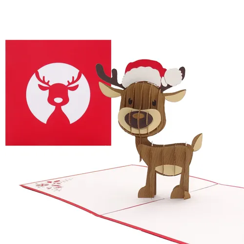 Pop Up 3D Weihnachtskarte "Rentier mit Mütze" Klappkarte zu Weihnachten