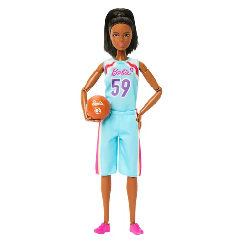 Barbie Made to Move Puppe und Accessoires, brünette Basketballspielerin mit abnehmbarem Sportdress mit Ball, 22 bewegliche Gelenke, HKT74