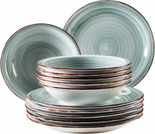 Home affaire Tafelservice Bel Tempo (12-tlg) für 6 Personen - Rustikales Geschirr-Set aus Keramik in graublauer Holzoptik, ideal für stilvolle Dinnerpartys oder den Alltag, umfasst 6 Speiseteller und 6 Suppenteller.