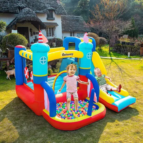 Outsunny Aufblasbare Hüpfburg mit Gebläse - Wasserpark Pool für Kinder - Hüpfburg für Kinder von 3-8 Jahren, mehrfarbig, mit Wasserpark-Funktion für zusätzlichen Spaß an heißen Tagen. Ideal für Garten oder Terrasse.