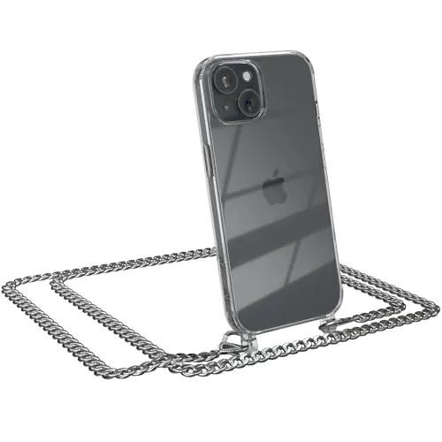 EAZY CASE Handykette kompatibel mit iPhone 15 Handyhülle mit Metall Umhängeband und Ersatz Kordel schwarz, Handykordel mit Schutzhülle, Stylische Kette, Metall - Silber