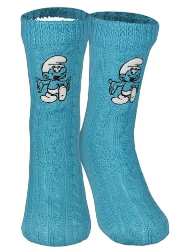 United Labels Die Schlümpfe Hüttensocken - Strick Haussocken mit Sherpa Futter für Damen Kuschelsocken Flauschige Wintersocken warme Frauen Socken OneSize Blau