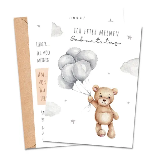MeinBaby123® Einladungskarten Kindergeburtstag inkl. 10 Umschläge, Kindergeburtstag Jungs und Mädchen, Geburtstagseinladungen Kinder, Bär V1