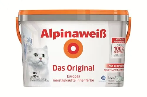 Alpinaweiß Das Original – 10 Liter Wandfarbe mit Spritz-Schutz-Formel - Farben: Alpinaweiß bietet optimale Deckkraft und ein strahlendes Weiß mit spezieller Spritz-Schutz-Formel für sauberes Streichen.