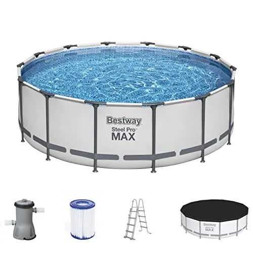 Bestway Poolset 122 cm - Aufstellpool für Wasserspaß - Swimmingpools: Bestway Poolset in Blau, Grau und Weiß, aus robustem Metall und Kunststoff, ideal für entspannte Tage im Garten.