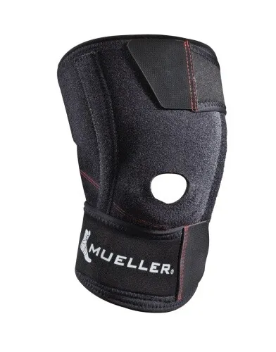 Mueller Wraparound Kniestabilisator mit offener Patella - Medizinische Verbrauchsmaterialien für Knie, bietet anatomische Unterstützung und Belüftung durch perforiertes Neopren, ideal für optimale Stabilität und Komfort.
