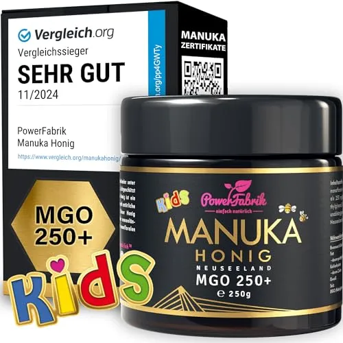 Manuka Honig Kinder MGO 250+ | 250g | Das ORIGINAL aus Neuseeland - Premium Manuka Honig für Kinder, 100% natürlich und zertifiziert. MGO 250+ für besondere Gesundheitseffekte, in umweltfreundlichem Echt-Glas abgefüllt.