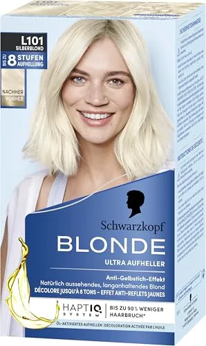 Schwarzkopf Blonde Aufheller L101 Silberblond (165 ml), Haarfärbemittel für Öl-aktiviertes Haare Aufhellen mit HaptIQ System, für bis zu 8 Stufen ohne Gelbstich
