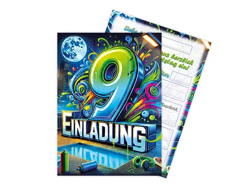 LIMONIA Einladungskarten Graffiti zum Kindergeburtstag Mädchen Jungen Einladungen neon, Einladungskarten zum 9. Geburtstag mit Graffiti Motiv