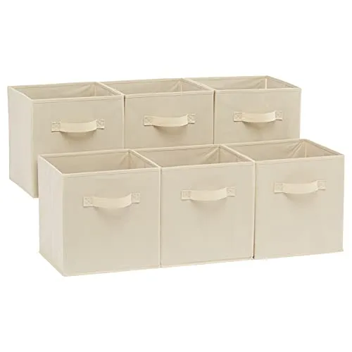 Amazon Basics zusammenklappbarer Aufbewahrungswürfel/Organizer aus Stoff mit Griffen, 26,6 x 26,6 x 27,9 cm, Einfarbig Beige, 6 Stück