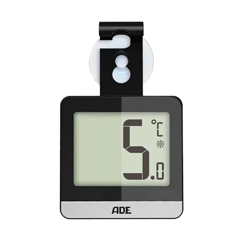 ADE Digitales Kühlschrankthermometer - Praktisches Kühlschrankthermometer mit großem LCD-Display für Temperaturen von -20 bis +60 °C. Flexibel einsetzbar mit Standfuß oder Magnet. Ideal für Kühlschränke und Gefriergeräte. Inklusive Batterie.