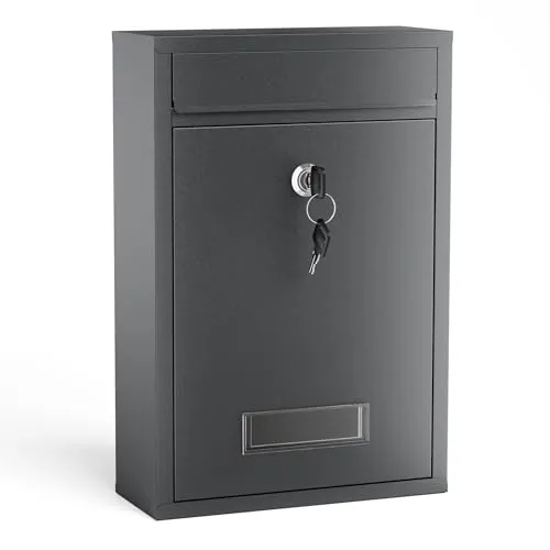 Wiltec Briefkasten anthrazit V2 Postkasten mit Namensschild, großem Briefschlitz und 2 Schlüsseln Wandbriefkasten aus pulverbeschichtetem Stahl