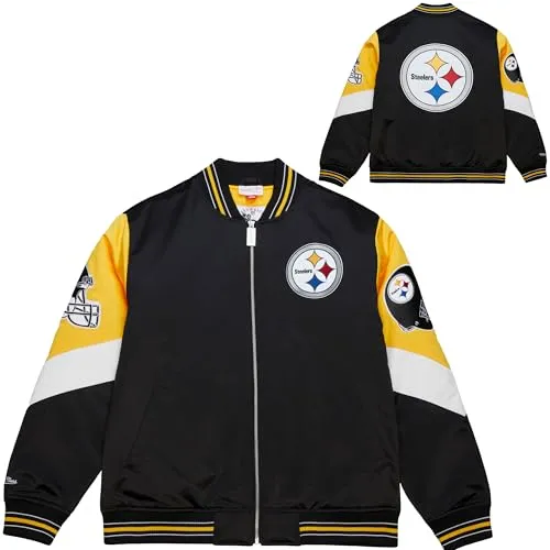 Mitchell & Ness Throw it Back Heavyweight Vintage Satin Jacke - Pittsburgh Steelers, Größe XL - Hochwertige Satinjacke mit gestickten Applikationen deines NFL-Teams. Ideal für kühlere Tage, bietet sie Komfort und Stil mit praktischem Reißverschluss und Taschen.