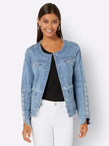 Jeansblazer CREATION L "Blazer", Damen, Gr. 38, blau (blau, bleached), 56% Baumwolle, 19% Polyester, 14% Lyocell, 10% Viskose, 1% Elasthan, Langarm, Blazer, Topseller