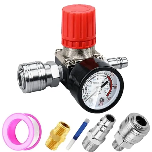 Preciva 1/4" Druckminderer mit Manometer - Praktischer 1/4" Druckminderer für Luftverdichter und Kompressoren. Mit einstellbarem Ventilknopf und gut ablesbarem Manometer. Robuste Materialien sorgen für Langlebigkeit und einfache Installation. Maximaler Druck: 175 PSI.