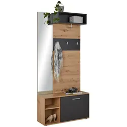Garderobe in Grau/Eichefarben - Stilvolle Garderobe mit praktischer Aufbewahrung, inklusive Garderobenbank und Spiegel. Ideal für Flur oder Vorzimmer, langlebige melaminbeschichtete Oberfläche.