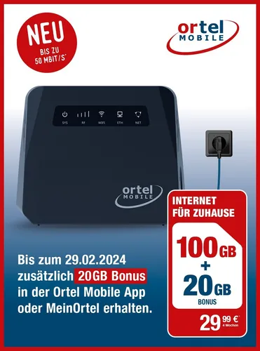 Ortel Mobile 100 GB Internet-Router mit SIM-Karte ohne Vertragsbindung - 