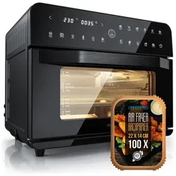 Arendo Minibackofen Airfryer 25L Edelstahl Multifunktionsofen, XXL Heißluftfritteuse 1800W, mini Backofen mit Backpapier, Backblech, Dörrblech, Rost, Frittierkorb schwarz